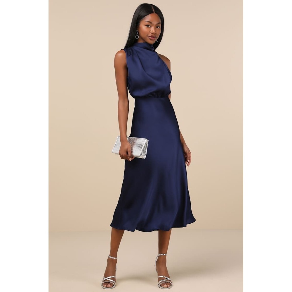 Lulus Distinctive Charm Navy Satin Asymmetrical Mock Neck Midi Dress XL NWT